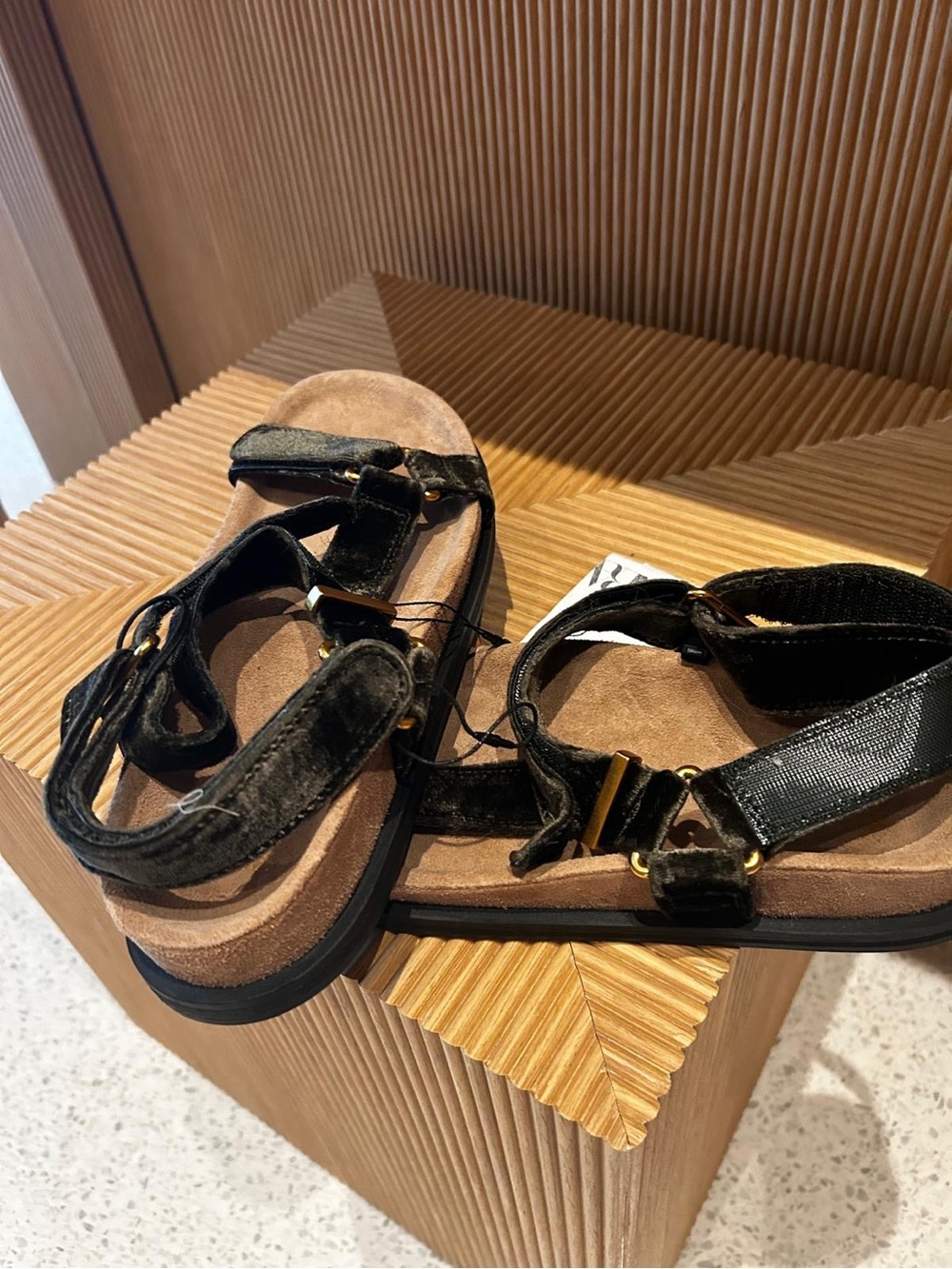 Zara Terez Black Velvet Strap Sandals with Gold Accents